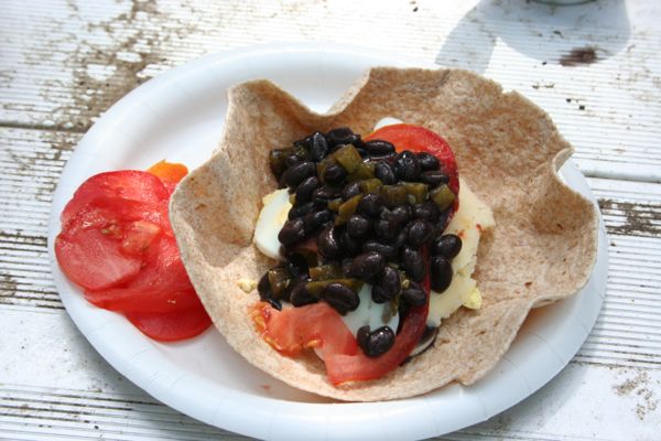 toasted-tortilla-with-black-beans-and-tomato-camp-stove